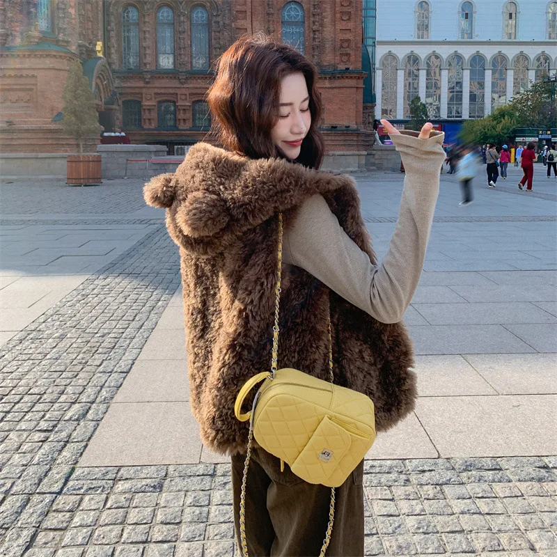 قصيرة مقنعين فو فرو الضأن سترة بلا أكمام الصلبة أفخم معطف أنيق فضفاض المرأة فروي السترات شتاء جديد دافئ رقيق بالأزرار #1