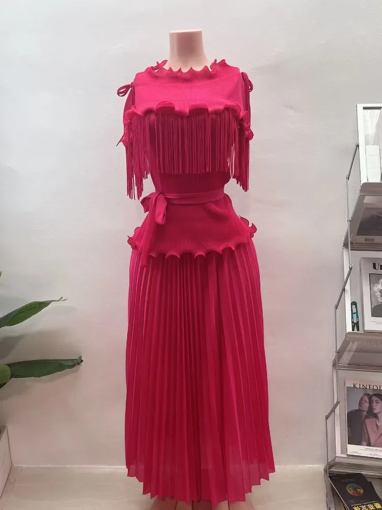 Miyake Fungus Edge Pleated Long Suit Fringed Waist Top Spring and Summer New Light Luxury Women's Two-piece Set