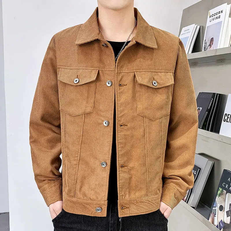 

Spring Autumn Men's Corduroy Jackets Fashion Korean Style Solid Color Turn Down Collar Casual Outerwear Coats Men Cargo Jacket