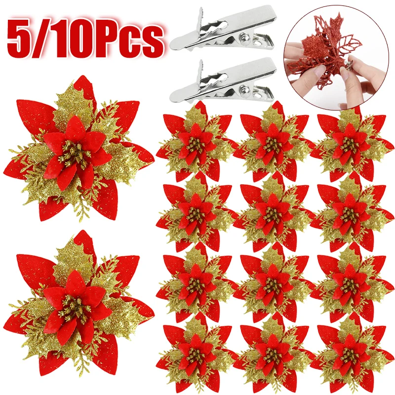 5/10pcs Artificial Christmas Tree Flower Glitter Decoration Xmas Tree Ornaments Merry Christmas Decor For Happy New Year Navidad