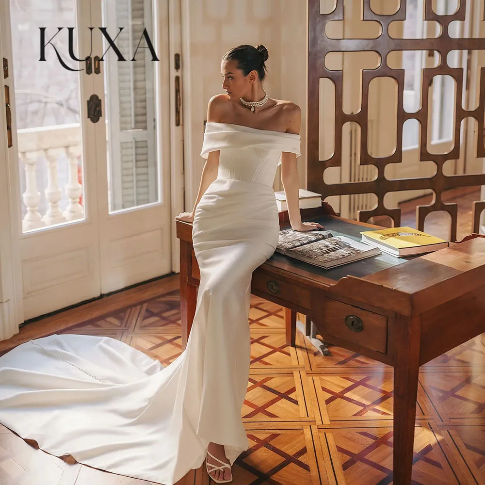 KUXA Mermaid Elegant Satin Wedding Dresses Off The Shoulder Strapless Pleat Corset Backless Pleated Floor-length Customized 2026