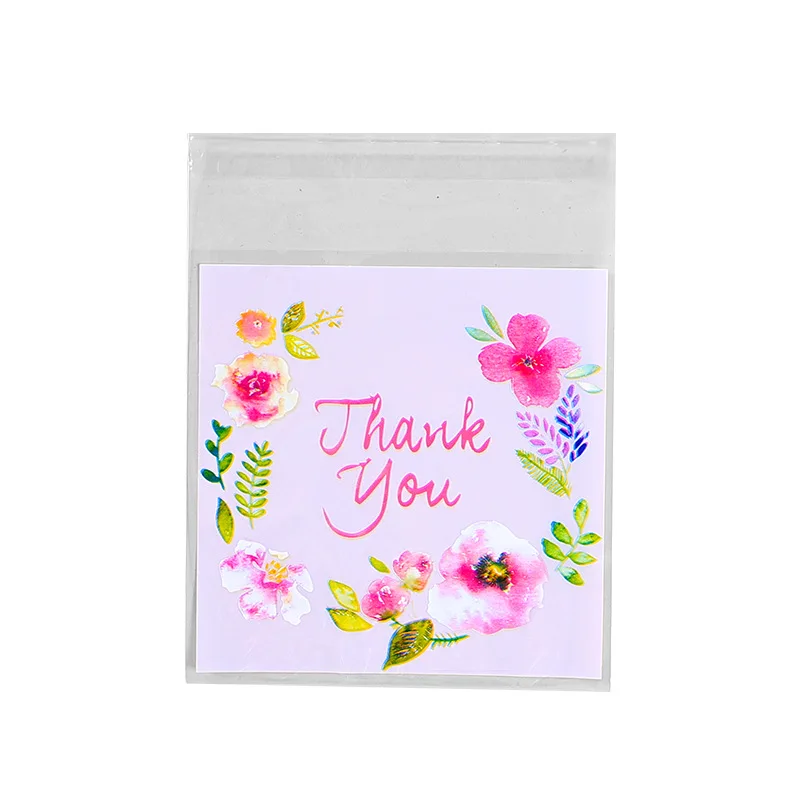 100pcs/lot Plastic Bags Thank you Flower Self-Adhesive Bags for Homemade Cookie Party Gifts Bag DIY Jewelry Packaging Bag