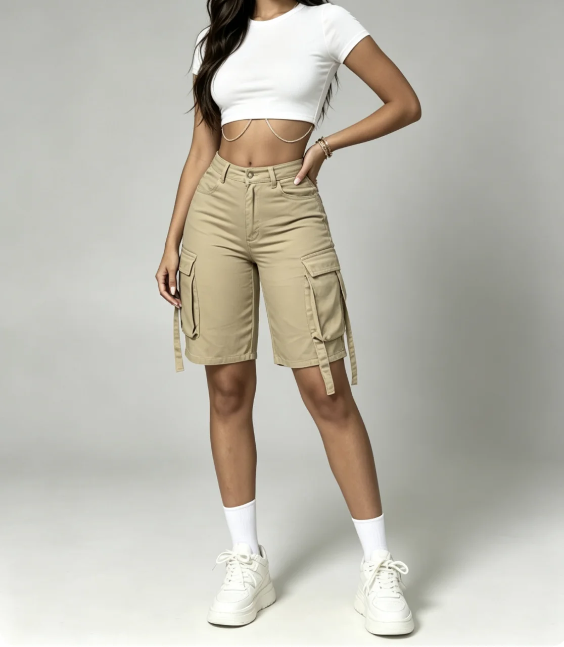 Women Khaki Cargo Shorts High Waist Bermuda Length Multi Pocket Streetwear Casual Utility Shorts with Flap Pockets