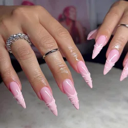 24pcs Pink French Press on Nails 3D Wave Design Almond False Nails Patch Ins Fashion Girl Fake Nails Tips Wearable Full Cover
