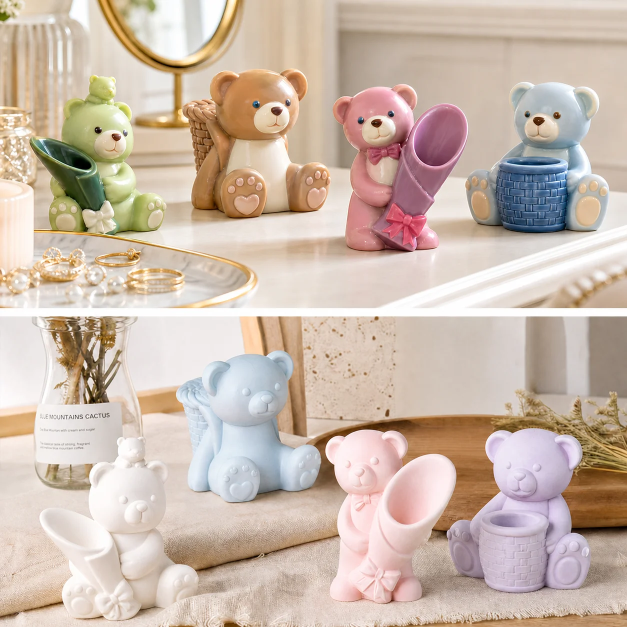Silicone Mould Set Translucent White Gypsum Mold Flower Holding Bear Silicone Mold Clear Shaped Resin Mold For Gift Giving Daily