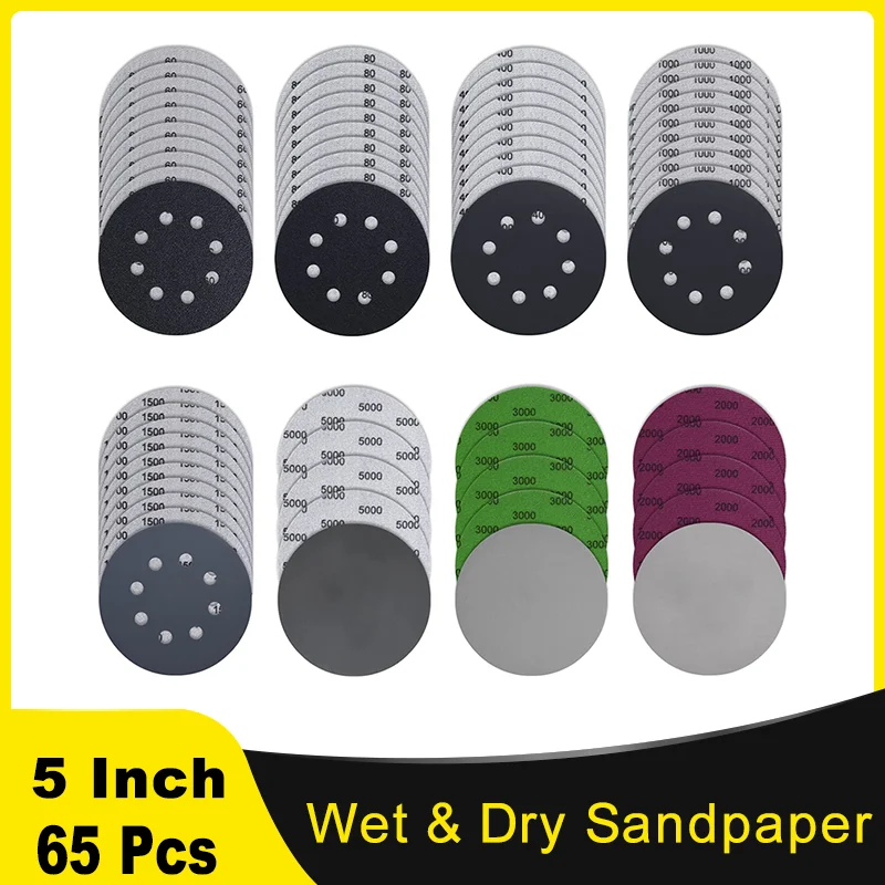 

5 Inch Wet and Dry Sandpaper 8 Holes & No Holes Assorted Grit 60-5000 for Random Orbital Sanders Grinding Metal Wooden Furniture