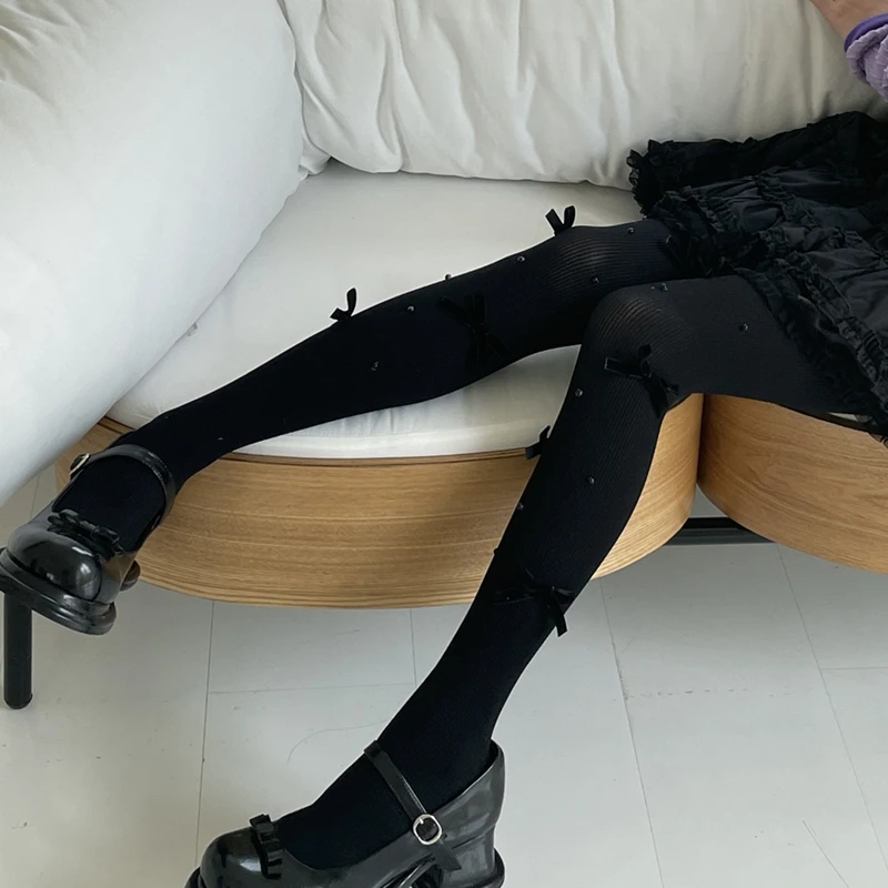 Lolita Velvet Bow Pantyhose for Women Lovely Cream Color Pearl Decoration Tights Girls JK Kawaii Winter Autumn Tights Ladies