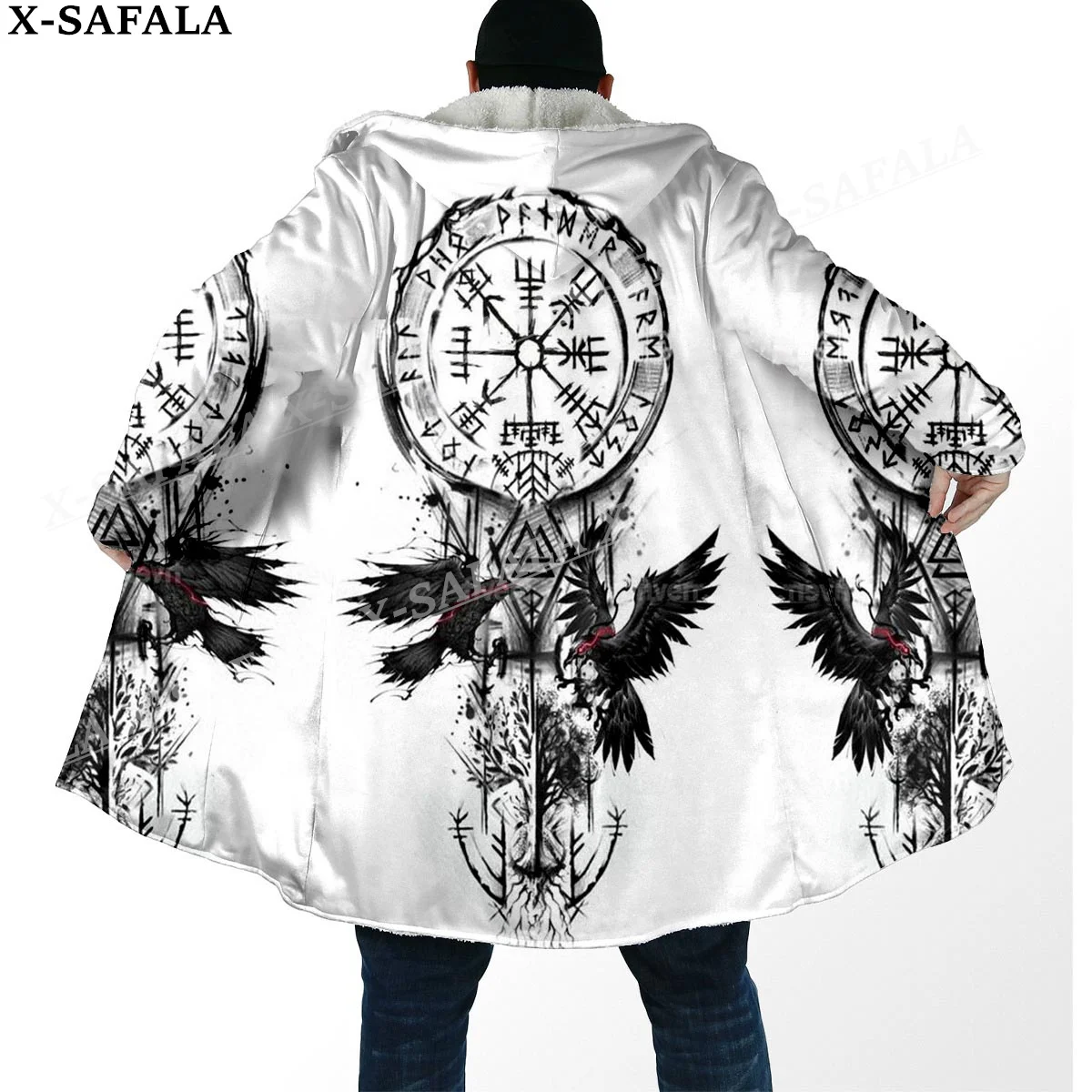 

Viking Line Tattoo Symbol Totems Thick Warm Hooded Cloak Men Overcoat Coat Windproof Fleece Cape Robe Hooded Blanket-13