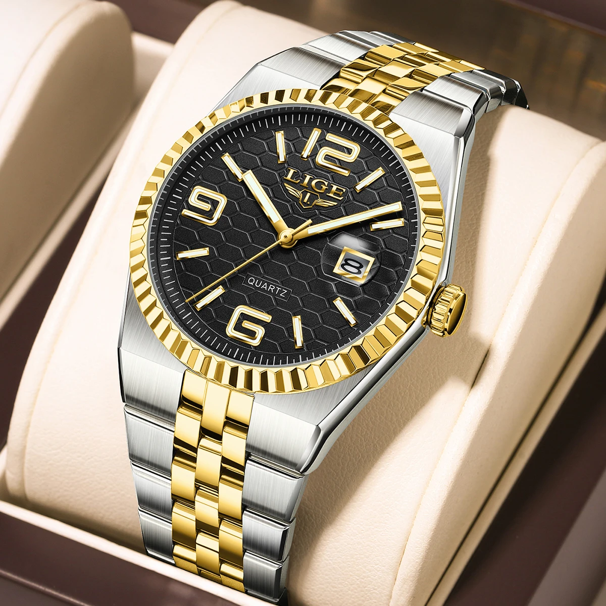 LIGE Sport Business Herrenuhr Wasserdicht Nachtlicht Edelstahl Herrenuhr Dating Luxus Herren Quarzuhr+Box