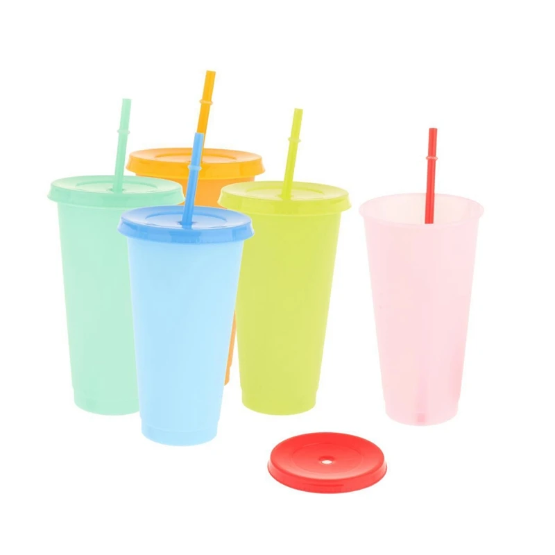 

5PCS Color Changing Cup Reusable Tumbler With Lid And Straw Cold Cup 700Ml