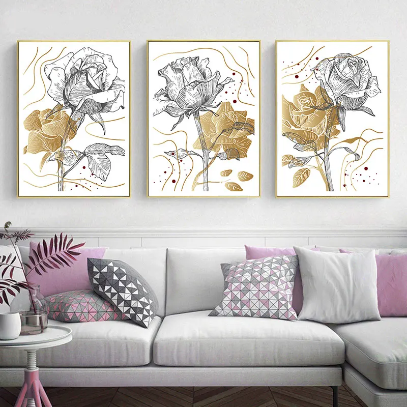 Luxury Abstract Rose Flowers Canvas Poster Prints Black Line Art Floral Wall Decor Pictures for Living Room and Aisle