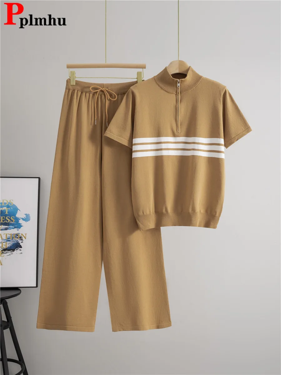 

Summer Casual Knitted 2 Piece Sets Women Zipper Striped Short Sleeve Tops Conjuntos Korean High Waist Straight Pants Outfit New