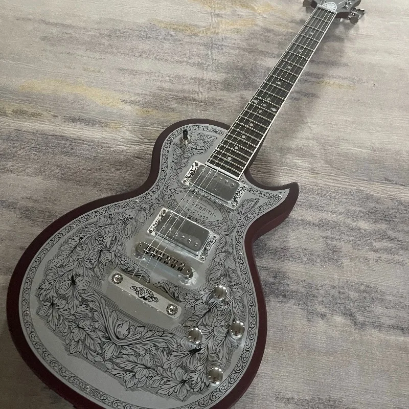 Zemait Metal Front Engraved Electric Guitar Silver Floral Etched Top 1955 HH Covered Humbuckers Fixed Bridge Collectible