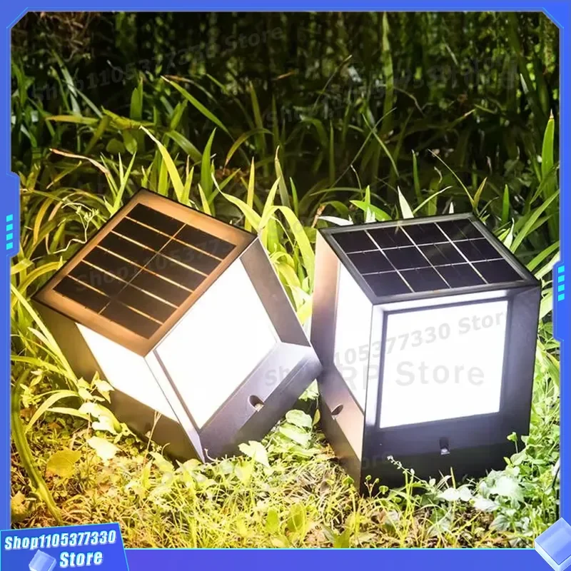 Modern Square Solar LED Pilaster Light 5W IP65 Waterproof Aluminum PC Outdoor Lamp Dimmable 2500mAh Battery 6000K Daylight