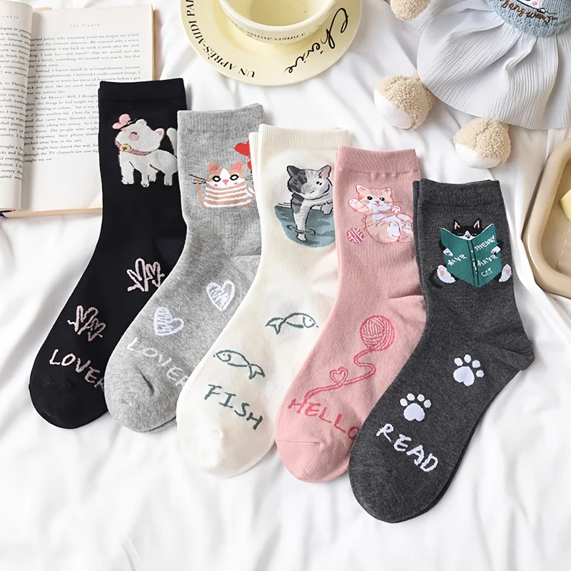 5 Pairs Women'S Mid-Calf Socks, Cartoon Cat Cute Sweet Women Socks,Autumn Thin Breathable Moisture-Wicking Socks