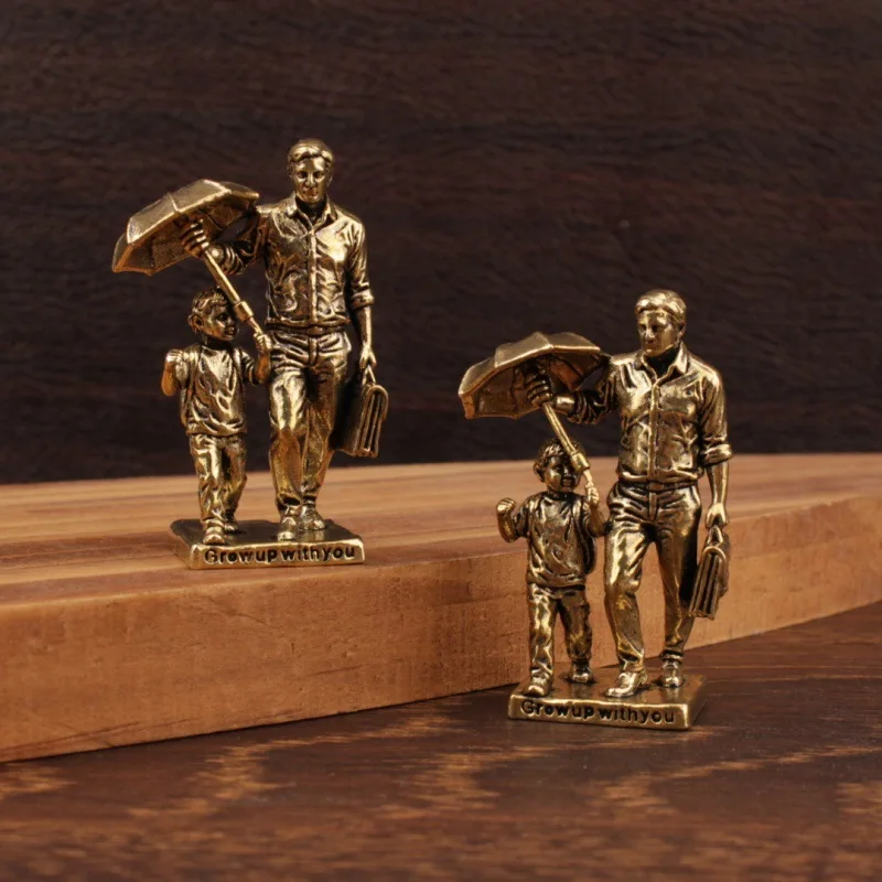 Brass Fatherly Figurine Home Decor Father Child Umbrella Holding Retro Desktop Decoration