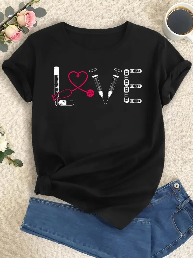 Love Nursing Medical Crew Neck Casual Short Sleeve Print Funny Designer Shirt Vintage Summer Graphic T-shirt for Women