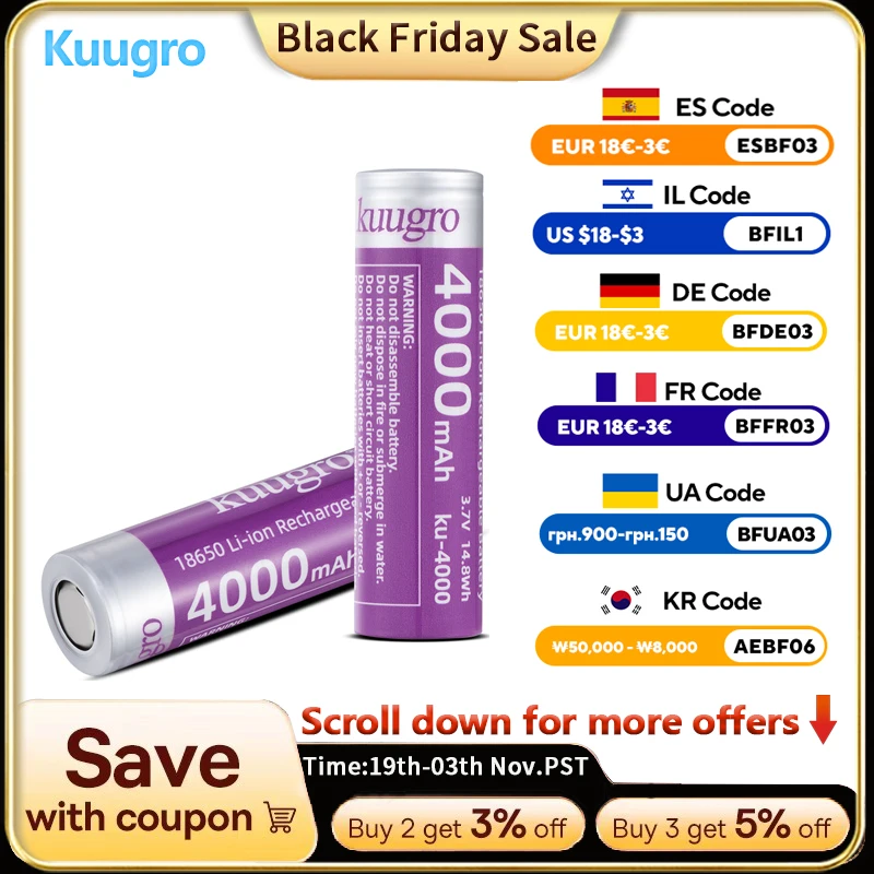 

Kuugro ku-4000 Highest Capacity 18650 Battery 4000mAh 3.7V 12A Discharging Rechargeable Batteries For Flashlight Batteries