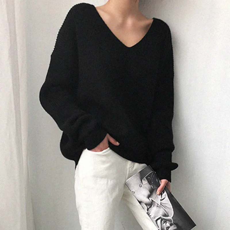 Autumn and Winter Women\'s Pullover V-neck Solid Screw Thread Lantern Long Sleeve Sweater Knitted Bottom Fashion Casual Tops