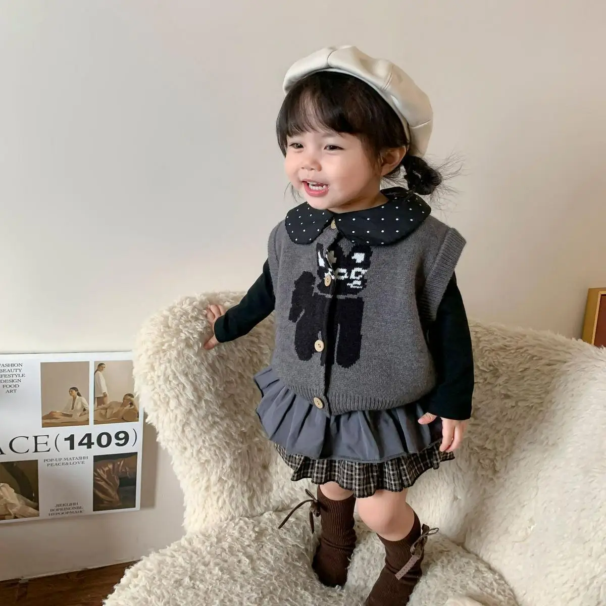 Autumn Winter Clothing Sets 3PCS Thick Warm Elegance Vest+Pleated Skirt+Collared base shirt Girls School Suit Kids Fashion Kids