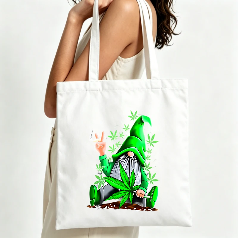 garden gnome graphic canvas tote bag, casual style for daily shopping and outdoor outings