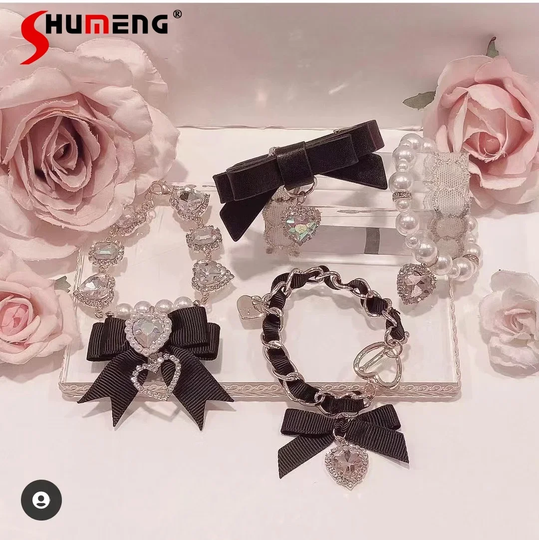 Japanese Lolita Sytle Women Accessories Sweet Ladies Mine Love Heart Bow Tie Rhinestone Pendant Cute Girl Two-Piece Bracelet