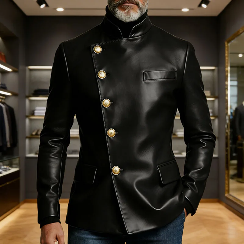 

Vintage Men's PU Leather Blazer Slim Fit Double Breasted Stand Collar Jacket Gold Button Business Casual Wedding Prom Suit Coat