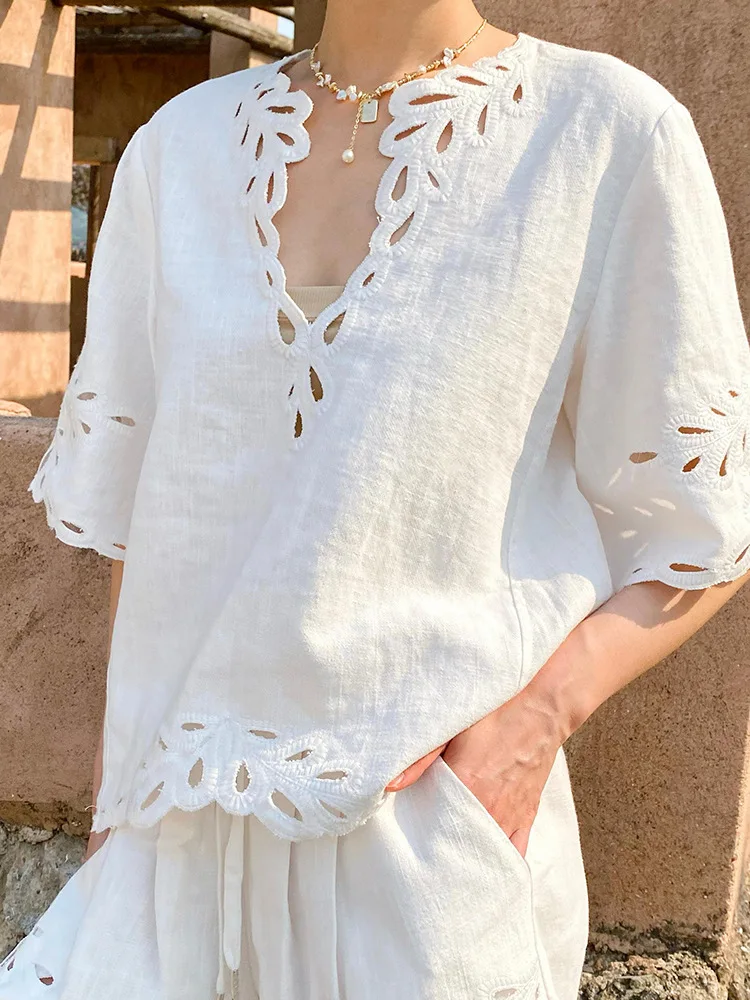 Summer 2025 Women's Embroidered Hollow out Cotton Linen ort Sve irt Set with orts V Ne Loose Fit Thin Material