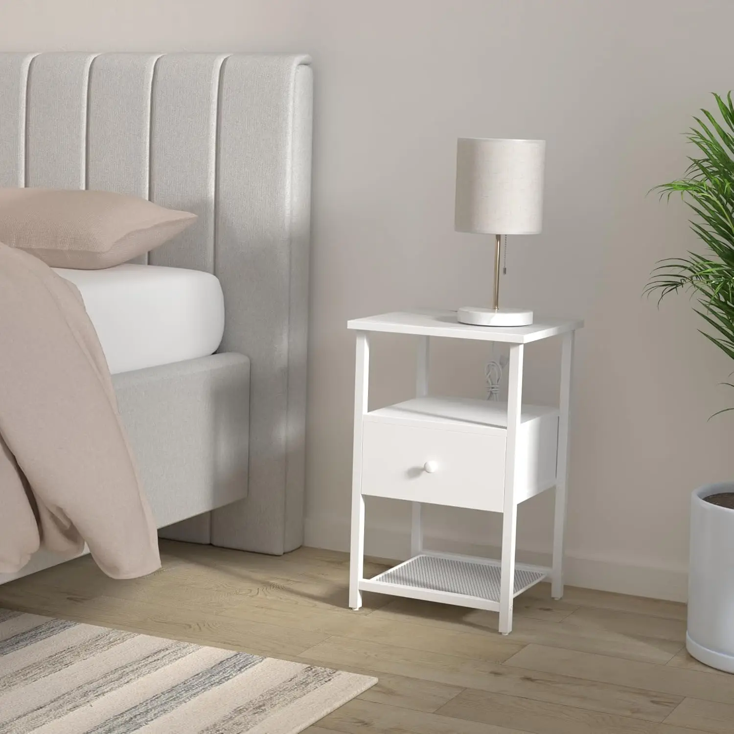 

LED Nightstands Set of 2with Charging Station,Bedside Tables with USB Ports and Outlets,End Table with Fabric-Wood 2-in-1 Drawer