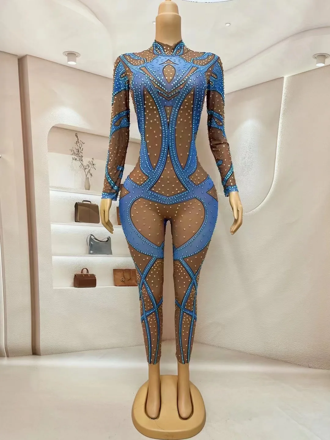 

Sparkly Rhinestones Long Sleeve Tight Jumpsuit Women Sexy Singer Dancer Performance Costume Show Stage Wear Nightclub Outfit