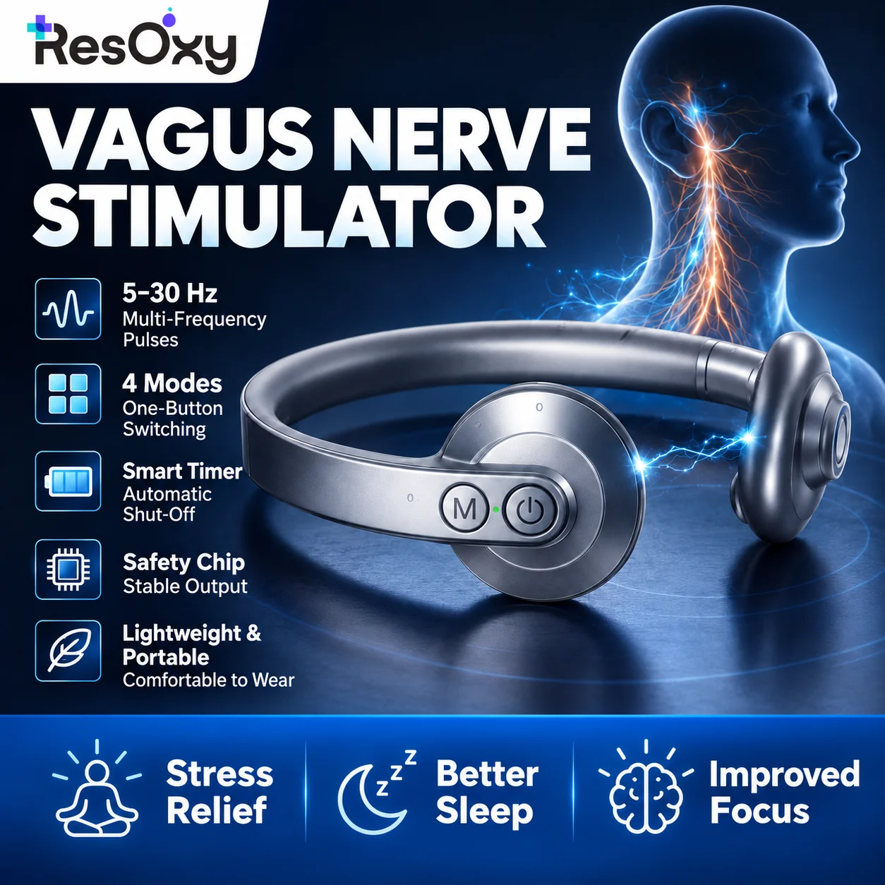 Neck Relaxation Device Low Frequency Pulse 9 Intensity Levels with Remote Control Type C Rechargeable Vagus Nerve Stimulator