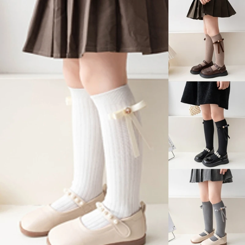 

Girtls Calf Length Socks Kids In Tube Socks with Decorative Bows Solid Color Socks for Daily Wear and Outdoor Activities