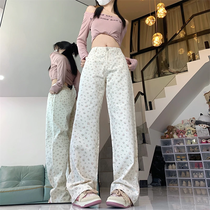 Imagem -02 - Calça Casual de Perna Larga Feminina Calça Larga Y2k Moda Retrô Design de Rua Alta Combina com Tudo Branco Solta Estampa Fofa Primavera Verão