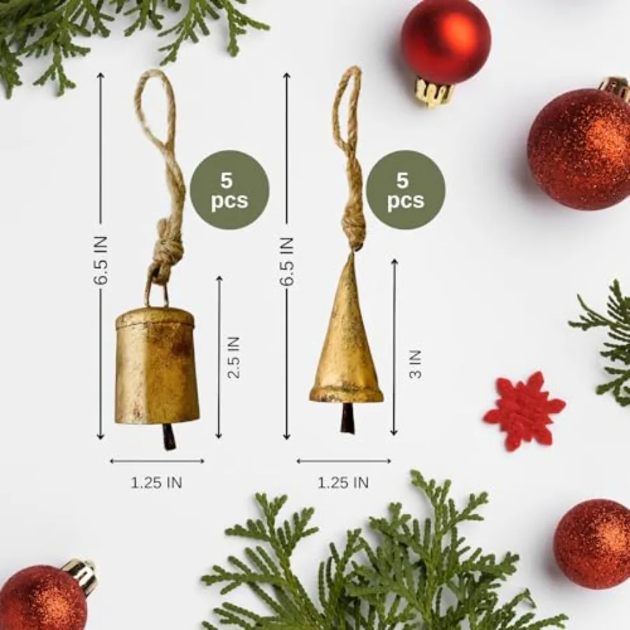 مجموعة Mie Creations مكونة من 10 أجراس عيد الميلاد الريفية العتيقة وأجراس القصدير على حبل الجوت لديكور العطلة مثالية لعيد الميلاد اليدوي