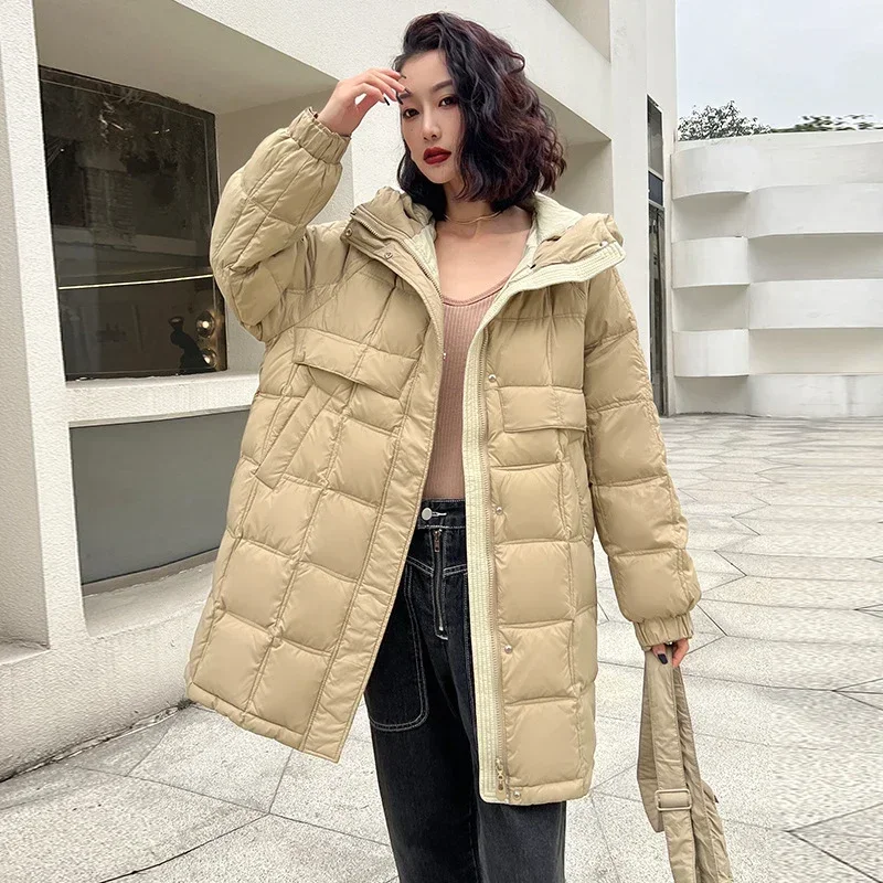 Schinteon Women White Duck Down Jacket with Hood Autumn Winter Warm Outwear Casual Over Size Plaid Coat Bag 2024 Korean Style