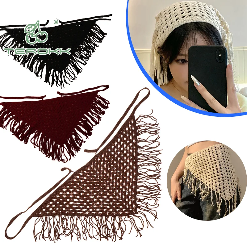

Y2K ажурный треугольный шарф с бахромой для женщин, весенний платок, регулируемые многослойные аксессуары, универсальная бандана на талии и бедра