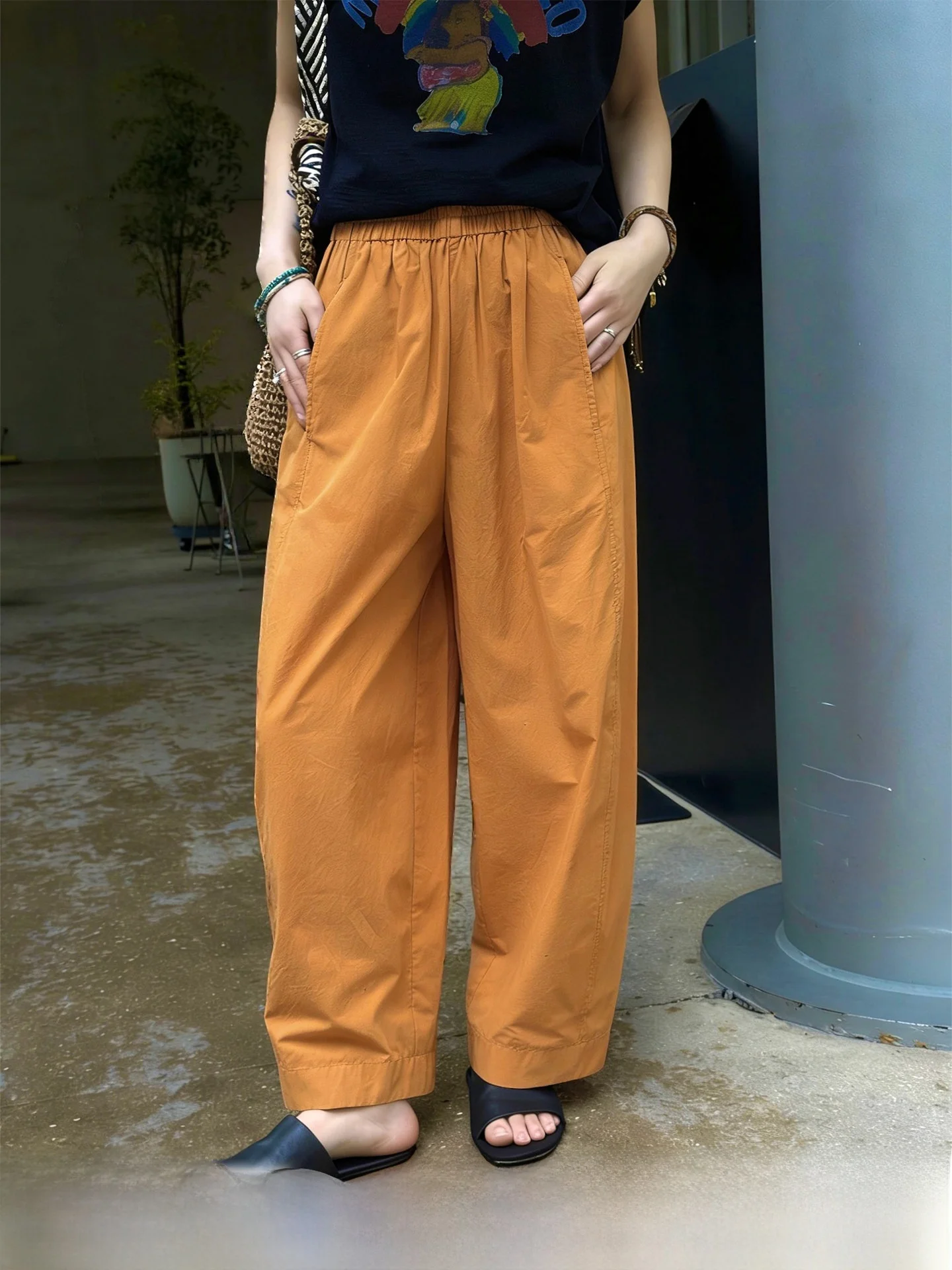 

California Sun Pure Cotton Elastic Waist Straight Leg Pants Women's New 2026 Spring Summer Design Long Trousers Orange Color