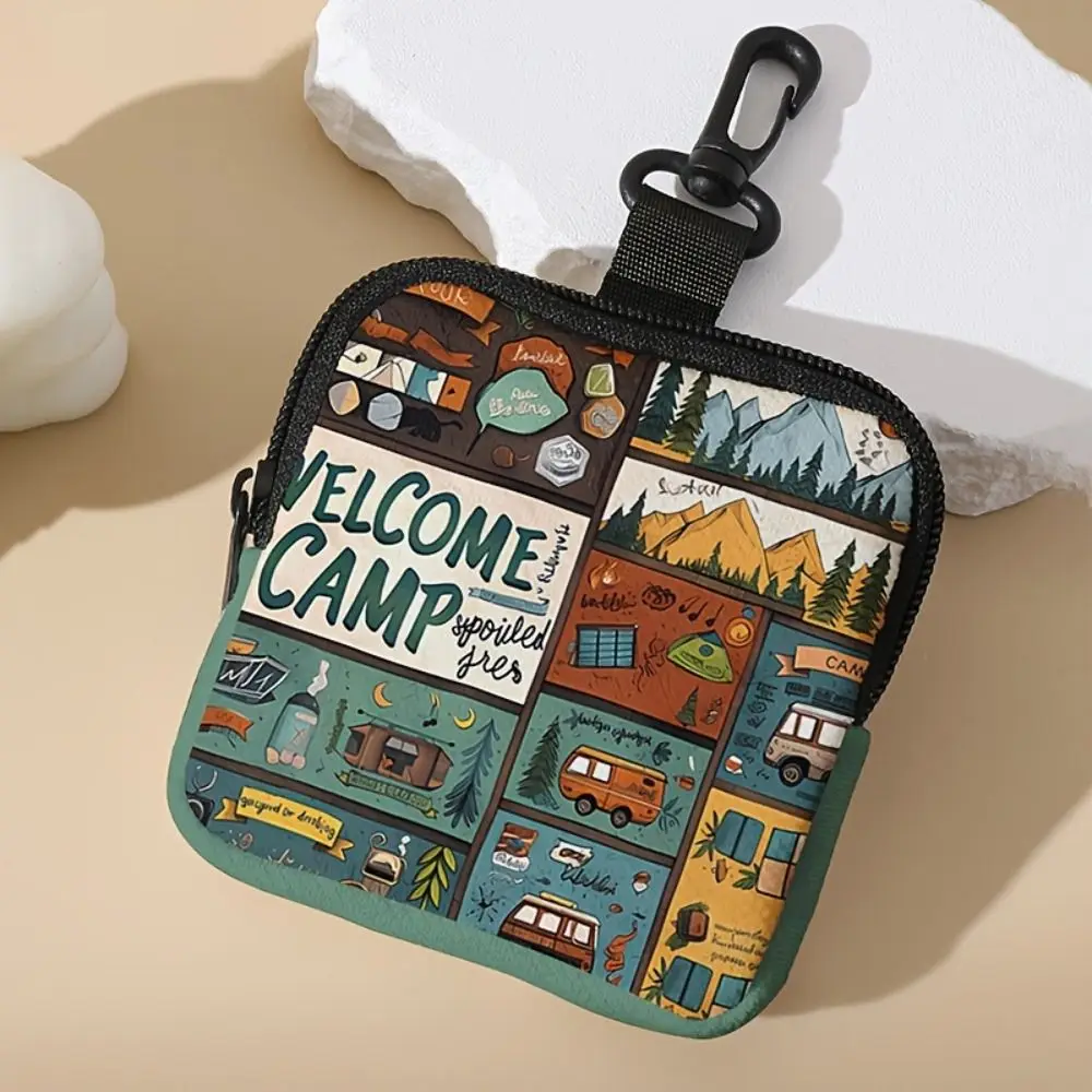 

Large Capacity Colorful Camping Coin Purse Faux Leather With Card Holder Zipper Storage Bag Printed Pattern with Key Ring