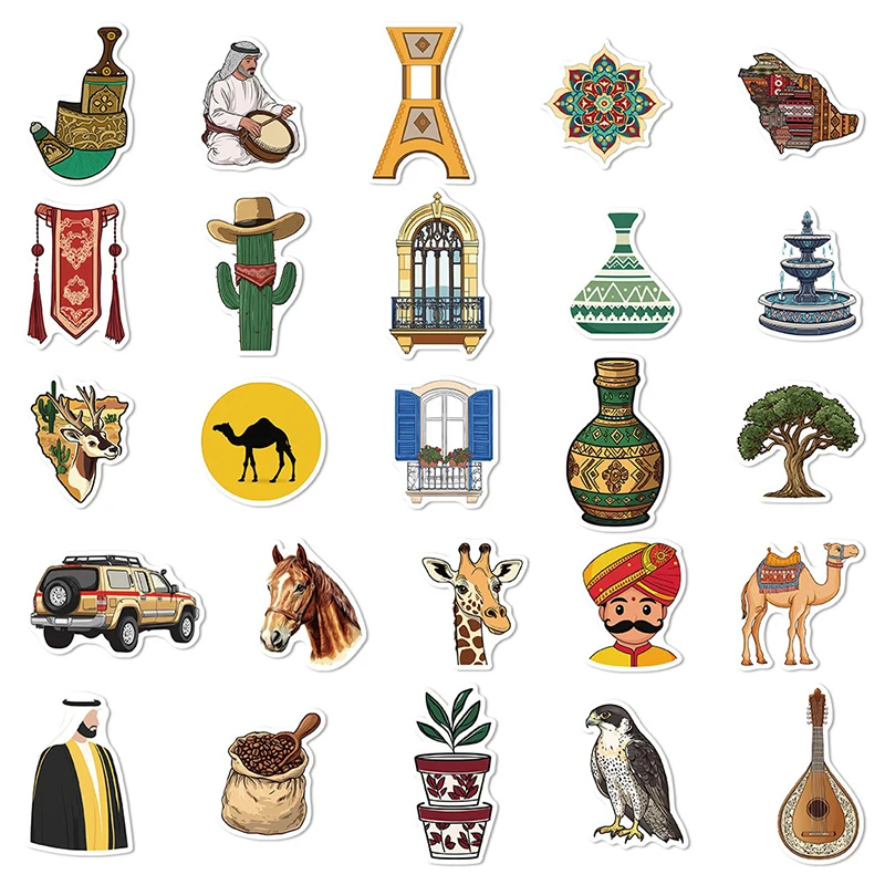 50PCS Middle Eastern Art Style Sticker Aesthetics Decorative Water Cup Skateboard Motorcycle Helmet Phone Laptop Graffiti Decals
