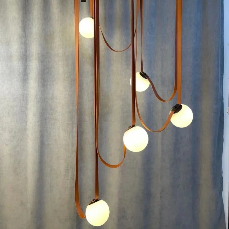 

Nordic Leather Chandelier Italian Leather Belt Duplex Staircase Living Room Hotel Restaurant Decoration LED Lamps Pendant Lights