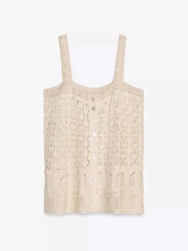 เสื้อสายเดี่ยวถักลายฉลุ แต่งขอบลูกไม้ ผ้าฝ้าย ทรงตรง ดีไซน์โปร่งสบาย สไตล์ลำลอง สำหรับผู้หญิง คอลเลคชั่นใหม่ ซัมเมอร์ 2025