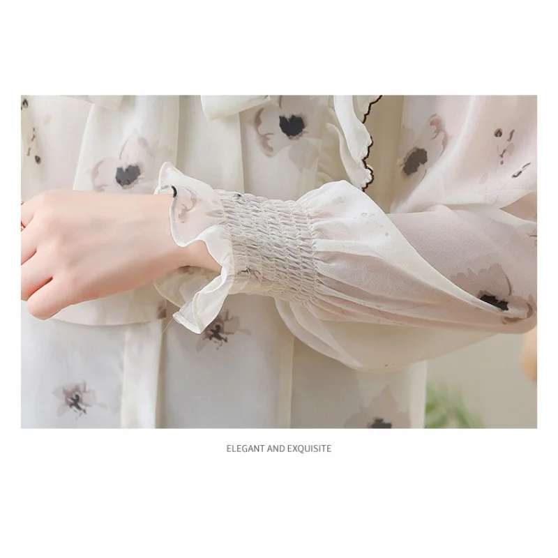 New 2023 Long Sleeve Stylish Chiffon Blouse for Women Ruffled Flower Korean Office Ladies Button Up Shirt Spring Autumn Clothing