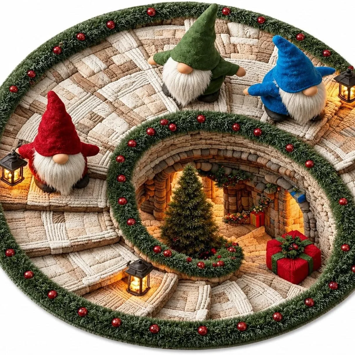 Round Area Rug Flannel Christmas Gnome 3D Illusion Vortex Floor Mat for Living Room Bedroom New Year Party Decor Circle Carpet