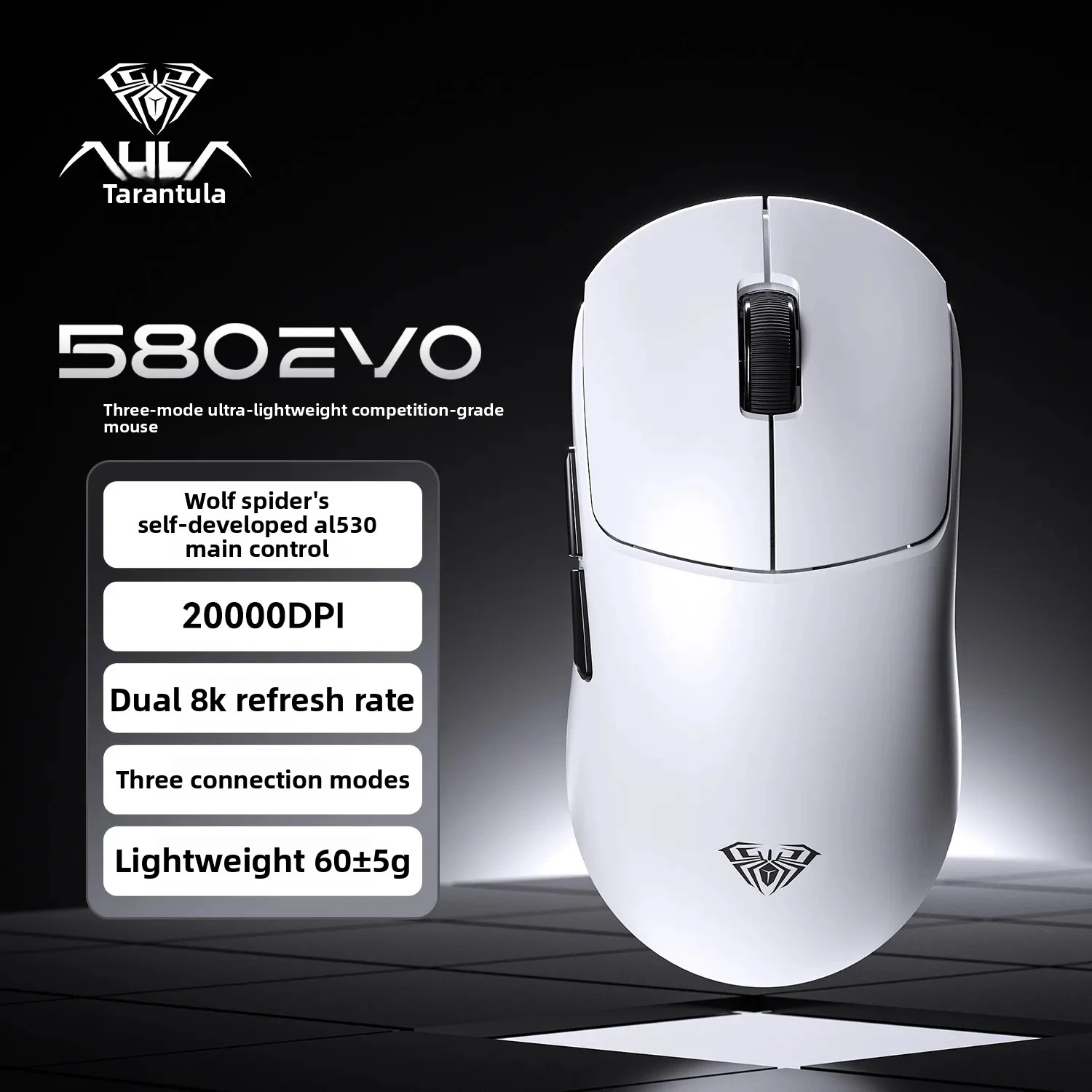 AULA 580EVO 3-mode Wireless Gaming Mouse AL530 Sensor Dual 8K 60g Ultra Light 500mAh 20000DPI Symmetric Gamer Mice For PC Laptop