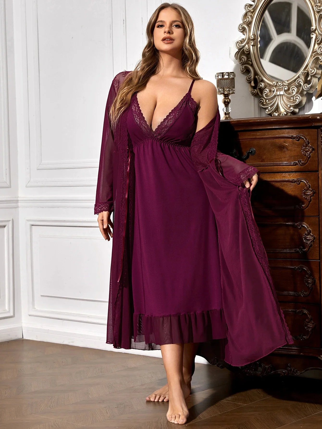 

Plus Size Lace Trim Robe And Cami Nightdress Set Elegant Sleepwear