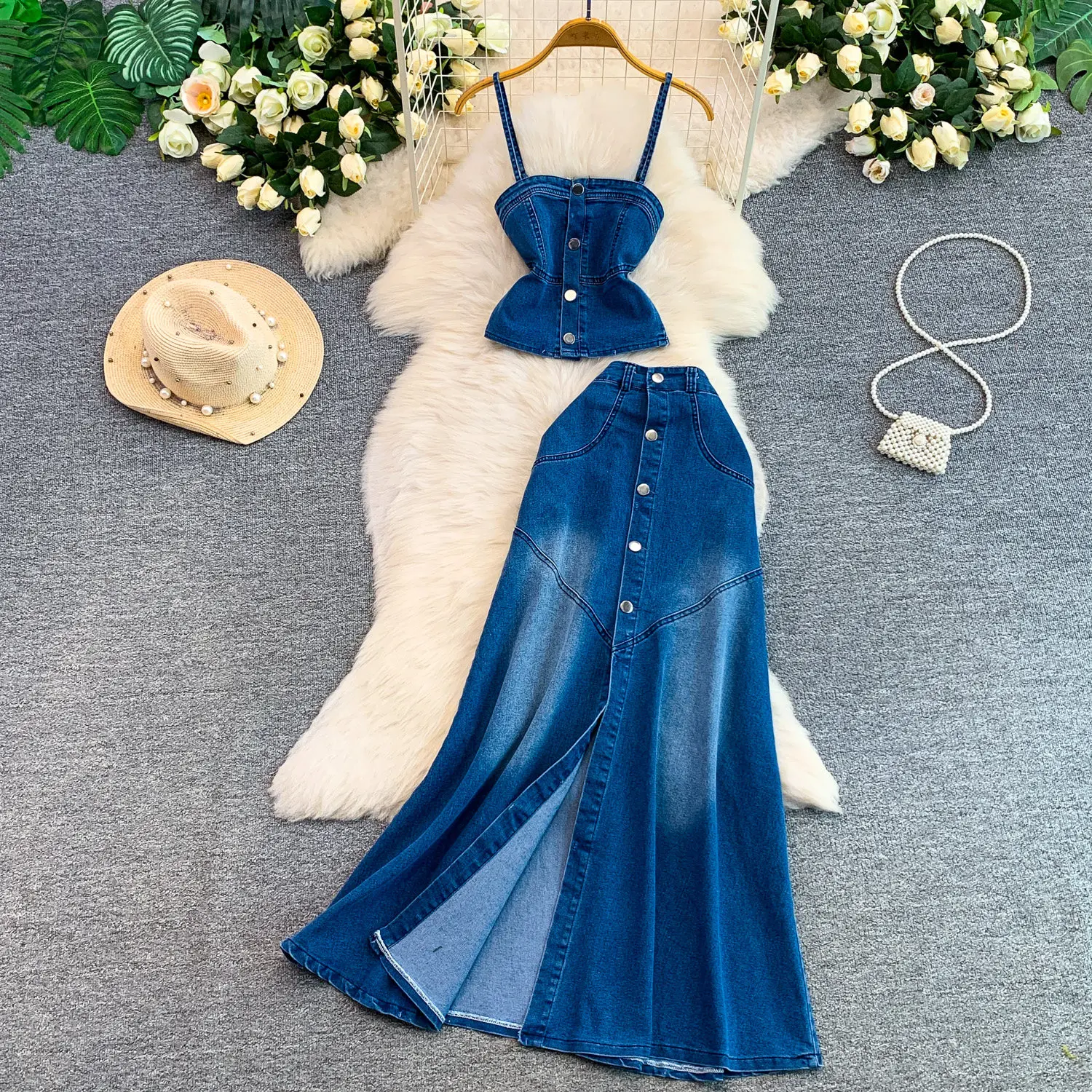 Women's 2-piece denim set Retro Sexy Single Breasted Strapless Cami Top Split Long Maxi Dress Woman Summer Matching Outfits