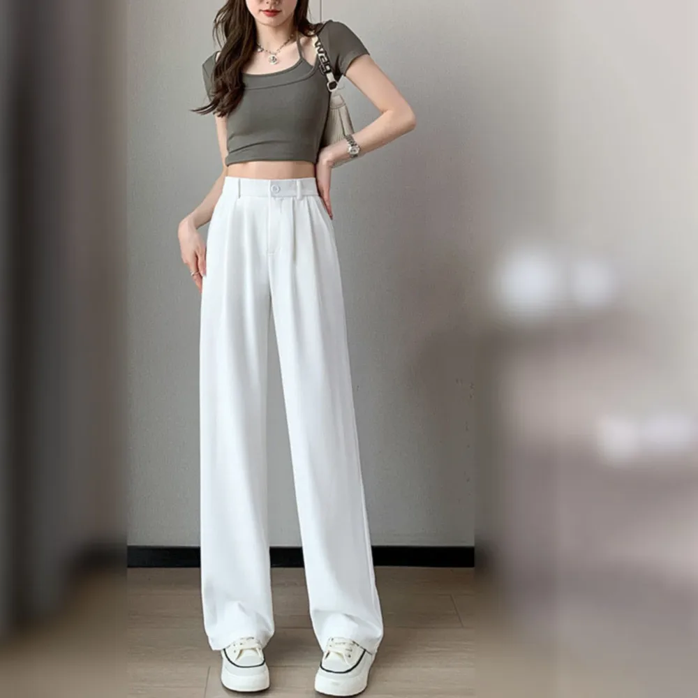 Pantalones de pierna ancha holgados de cintura alta para mujer, traje blanco, pantalones largos informales, primavera y otoño