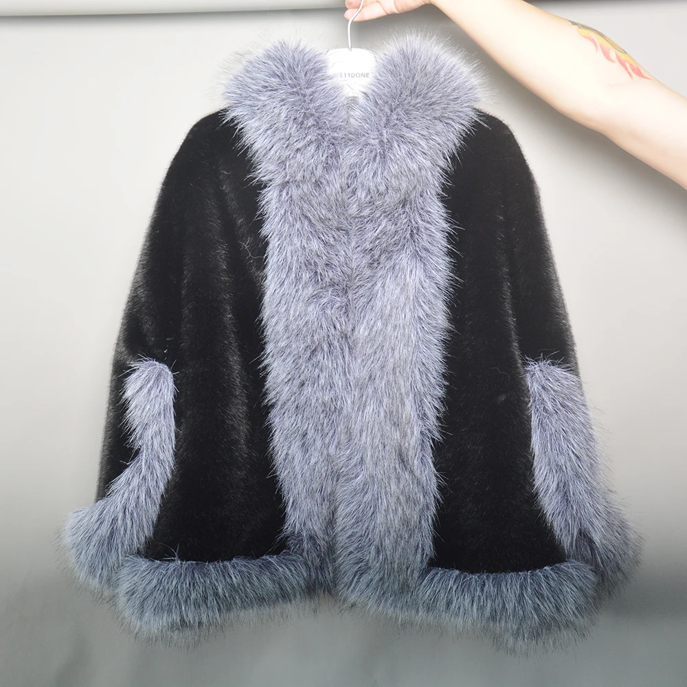 Xaile de malha Faux Mink Fur para mulheres, casaco com gola de pele de raposa falsa, jaqueta de malha de alta qualidade, nova