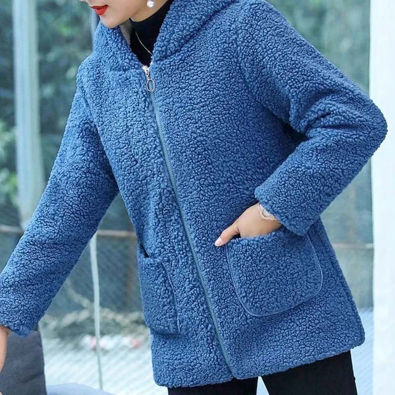 UHYTGF Mom Winter Jacket Women\'s Fur Lambswool Grain Fleece Casual Warm Cotton Coat Hooded 5XL Size Outerwear Parker Female 1841