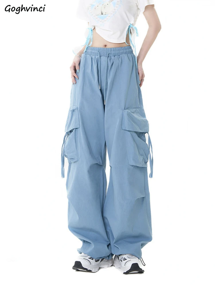 Blue Women Wide Leg Pants Y2k Baggy Retro Draw-string Trendy Street All-match Hotsweet American Style Female Simple Big Pockets